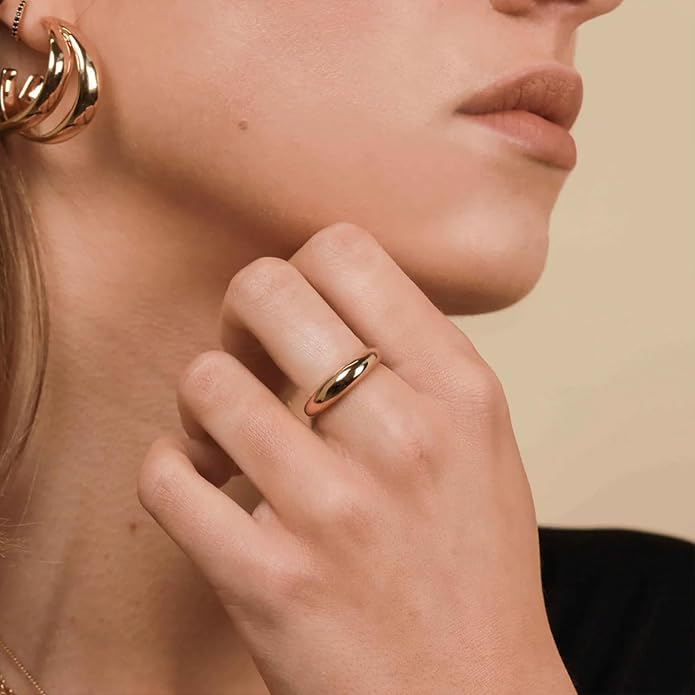 NOKMIT Chunky Dome Rings for Women Dainty 14K Gold Silver Tone Cute Bold Dome Statement Ring Thick Minimalist Thumb Band High Polished Smooth Comfort Fit Size 5-10