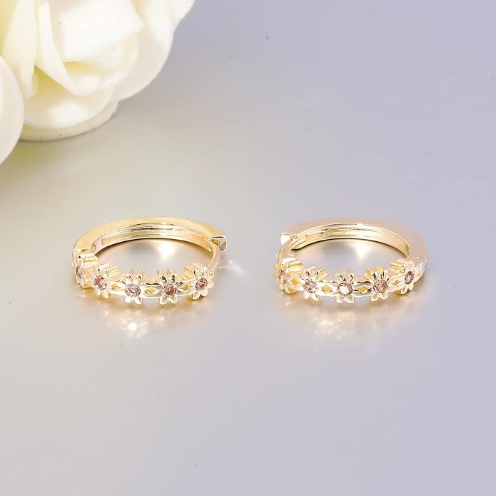CiNily Small Hoop Earrings for Women Girls Flower Cubic Zirconia Huggie Earrings Hypoallergenic 14K Yellow Gold Plated Cartilage Earrings