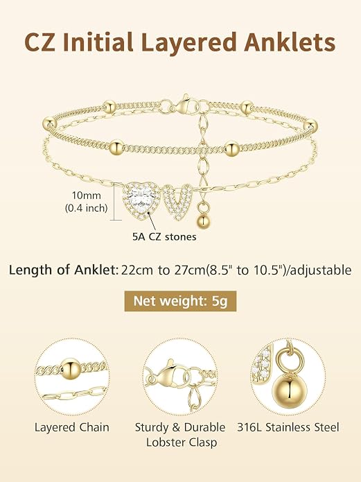 FindChic Silver/14K Gold Plated Layered CZ Initial Ankle Bracelet for Women | Waterproof Stainless Steel, Cubic Zirconia Letter Charm, Non-Tarnish, Hypoallergenic, Adjustable Extender, Summer Jewelry