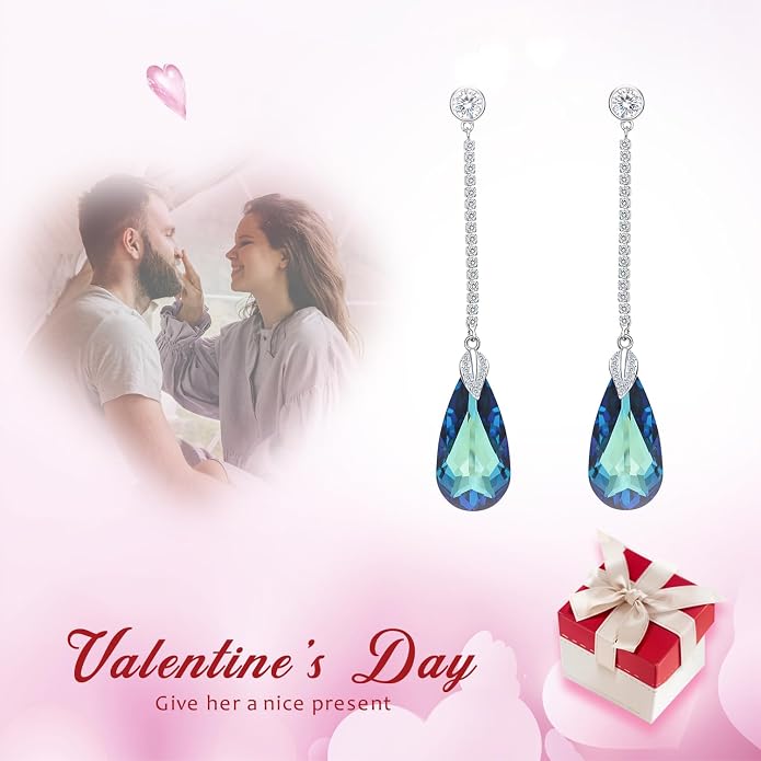 EleQueen 925 Sterling Silver CZ Teardrop Leaf Long Dangle Earrings Made with Austrian Crystal for Women, Valentine's Day/Mother's Day/Christmas Jewelry Gift