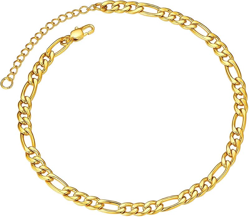 ChainsPro Resizable Anklet Chain for Women Men, Figaro/Wheat/Twist Rope/Cuban Foot Bracelet-Strong with Good Clasp-18K Gold Plated(Send Gift Box)