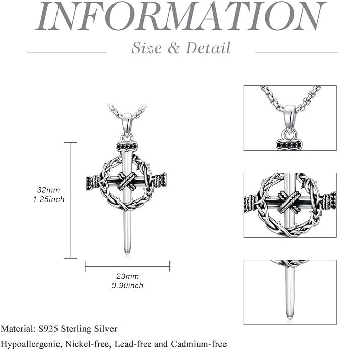 Crown of Thorns Necklace for Men 925 Sterling Silver Nail Cross Necklace Pendant Religious Christian Jewelry Valentines Day Gifts for Men