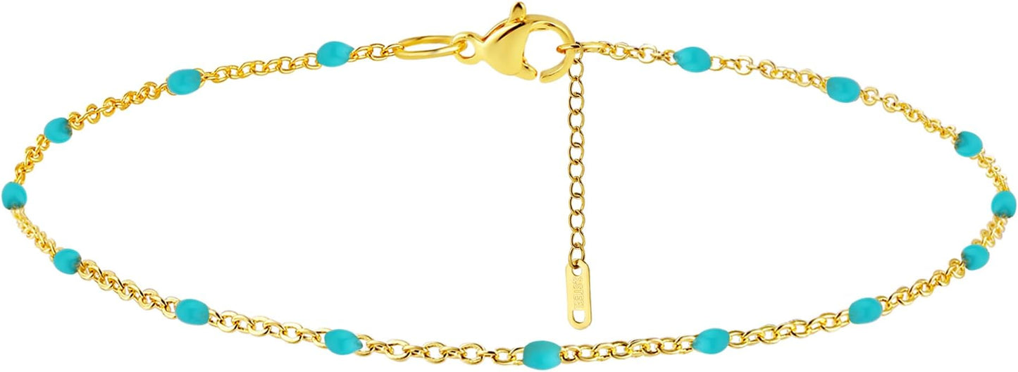 Dainty Ankle Bracelets for Women 18K Gold Plated Satellite Beaded Herringbone Lip Chain Anklets Simple Minimalist Summer Beach Foot Jewelry Christmas Gifts