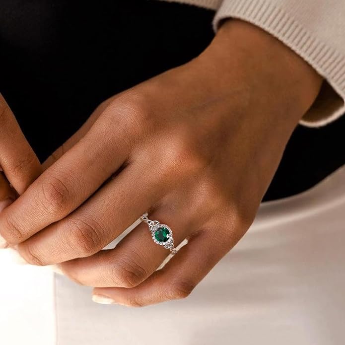 DAYBYDAY Celtic Birthstone Rings for Women 925 Sterling Silver Heart/Round/Pear/Oval Created Gemstone Moissanite Halo Engagement Promise Rings for Her Wife Birthday Anniversary Wedding Jewelry