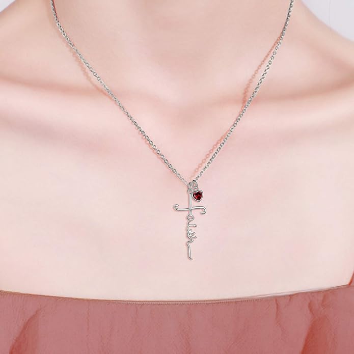 Faith Cross Necklace For Women Birthstone Sterling Silver with Simulated Birthstone Cross Jewelry Christian Gifts