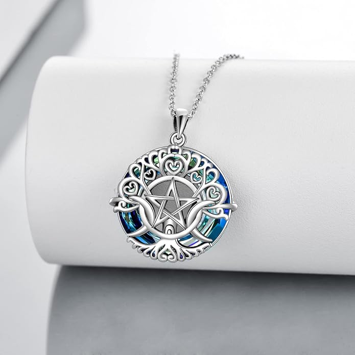 YFN Triple Moon Goddess Necklace Sterling Silver Pentagram Pentacle Opal Pendant necklace Pagan Wiccan Magic Amulet Tree of Life Jewelry for Women Men 18"