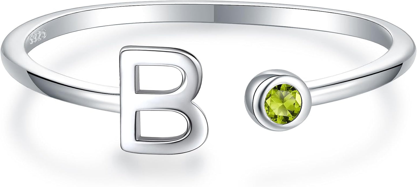 925 Sterling Silver Initial Letter Birthstone Rings for Women Adjustable 1-12 Month Birthstone Alphabet Stacking Ring for Teens Girls Stackable Birthstone Rings Birthday Jewelry Gift for Daughter Mom