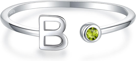 925 Sterling Silver Initial Letter Birthstone Rings for Women Adjustable 1-12 Month Birthstone Alphabet Stacking Ring for Teens Girls Stackable Birthstone Rings Birthday Jewelry Gift for Daughter Mom