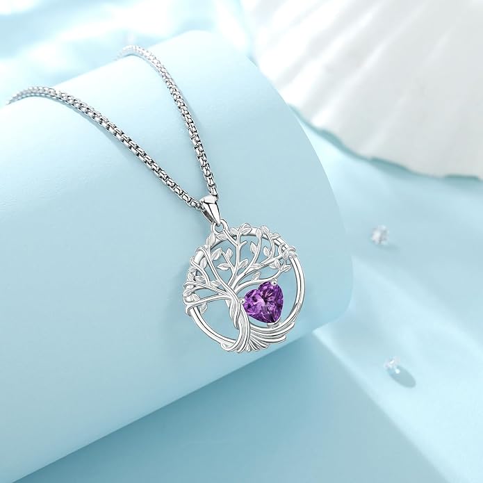 Birthstone Tree of Life Necklace for Women Heart Crystal Pendant Silver Plated Birthday Anniversary Jewelry for Wife, Mom, and Her