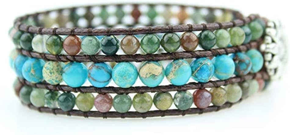 YGLINE Boho Handmade Natural Stone Bead 3 Row Wide Wrap Wrist Statment Bracelet Jewelry Collection