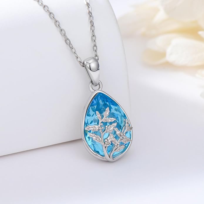 925 Sterling Silver Birth Flower Necklace with Teardrop Shaped Birthstone - 12 Colors, 12 Kinds of Flower - Ideal Birthday Jewelry Gift for Women, Mothers, Daughters & Wives