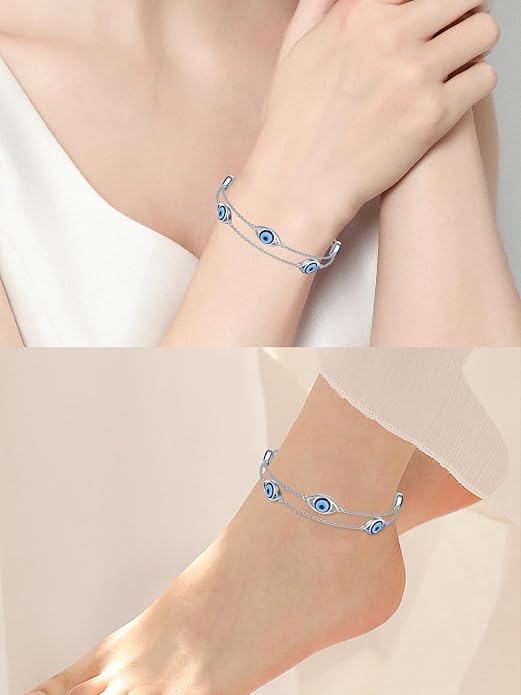 925 Sterling Silver Ankle Bracelet Evil Eye/Dolphin/Sea Turtle/Infinity/Wave Seashell/Hamsa Ankle Bracelet Adjustable Summer Beach Ocean Jewelry for Women
