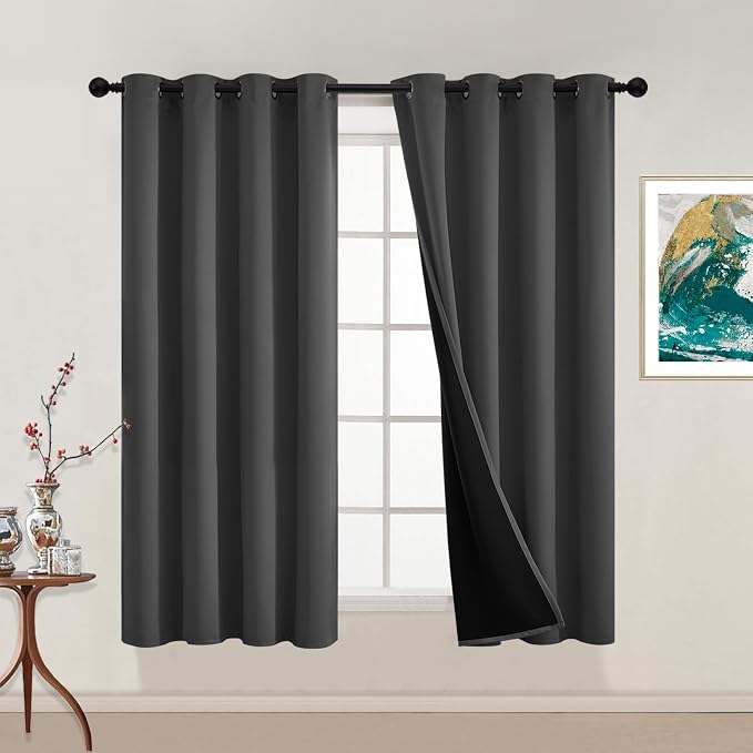 Yakamok Charcoal Grey 100% Blackout Curtains 54 Inches Long 52" Wide 2 PCS | Blackout Curtain Panels for Bedroom, 2 Thick Layers Grommet Top Thermal Insulated Drapes with Black Liner for Living Room