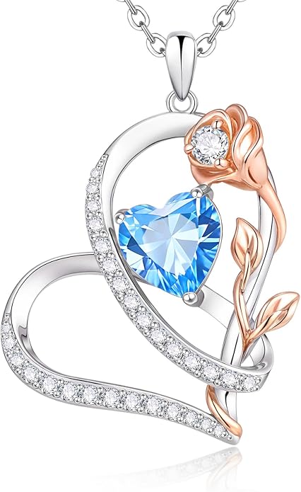 Rose Heart Birthstone Necklace for Women - Dainty 925 Sterling Silver Necklaces for Women Trendy CZ Pendant Necklace Jewelry Birthday Anniversary Christmas Gifts for Girlfriend Mom Lady Daughter