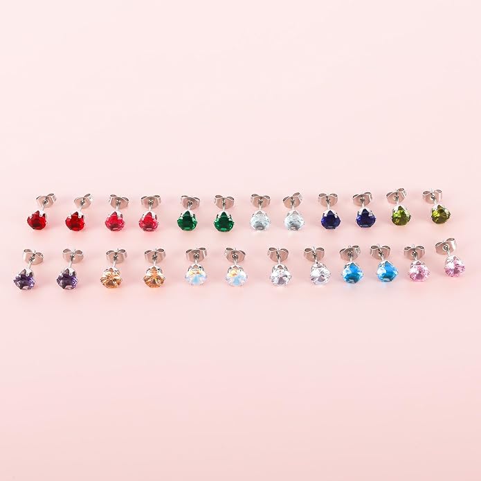 12 Pairs Surgical Stainless Steel Stud Earring Round Heart Star Square Cubic Zirconia Birthstone Stud Earrings Set for Women