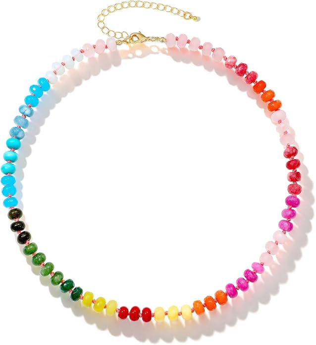 LALAPPLE Colorful Beaded Gemstone Necklace for Women, Boho Rainbow Bead Choker with Natural Stone Crystal Beads, Handmade Summer Beach Necklace Jewelry