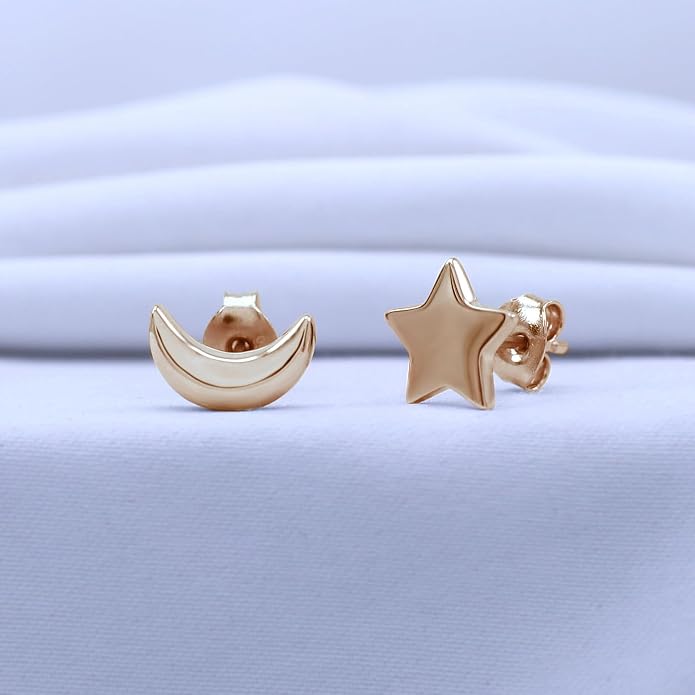 Asymmetric Earrings Half Moon And Star Lovely Charm Stud Earrings in 14K Gold Plated Sterling Silver With Push Back for her