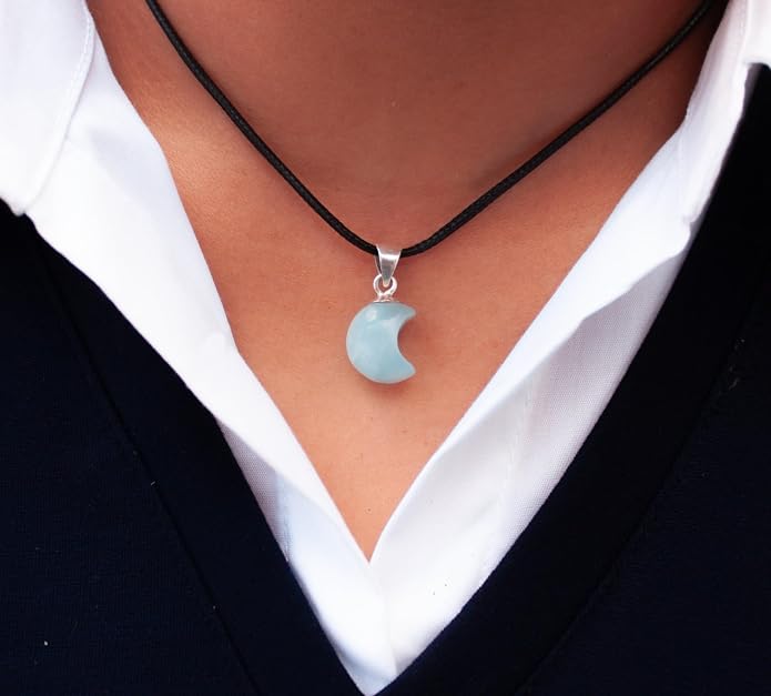 Handmade Larimar Crescent Moon Pendant Necklace – 925 Sterling Silver – Authentic Dominican Gemstone Jewelry – Healing Crystal Gift for Women & Men