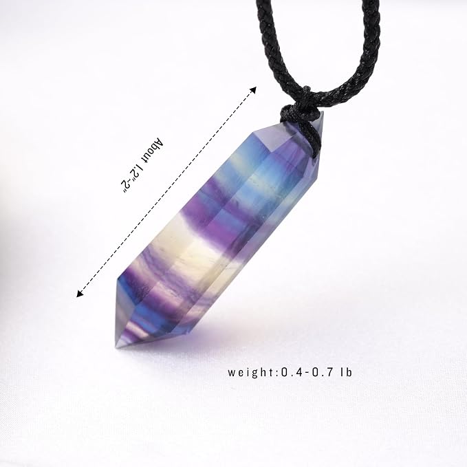 Runyangshi Rainbow Fluorite Healing Crystal Pendants, Double Pointed Natural Crystal Quartz Necklace 6 Faceted Chakra Crystal Wand Stone