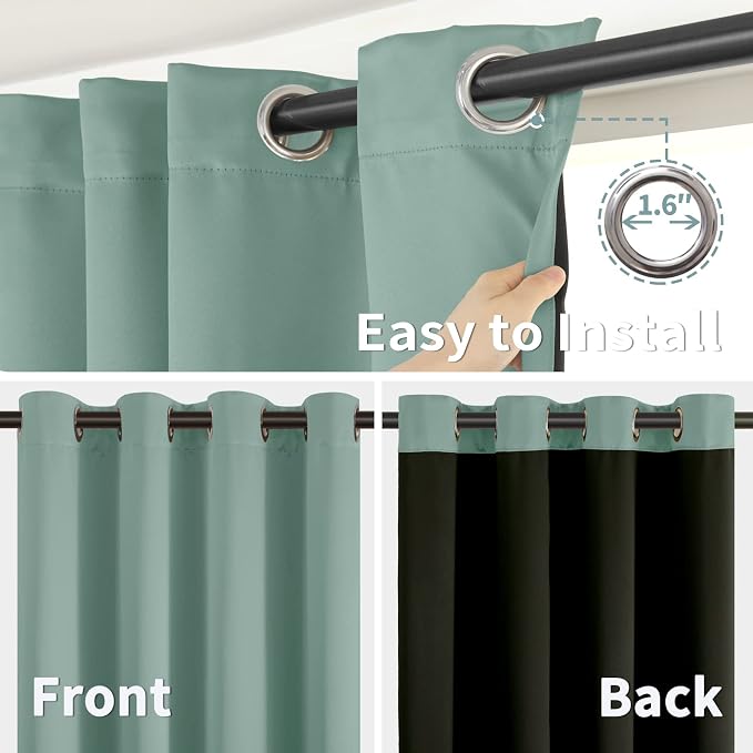 BGment Thermal Insulated 100% Blackout Curtains for Bedroom with Black Liner, Double Layer Full Room Darkening Noise Reducing Grommet Curtain (38 x 63 Inch, Frosty Green, 2 Panels)