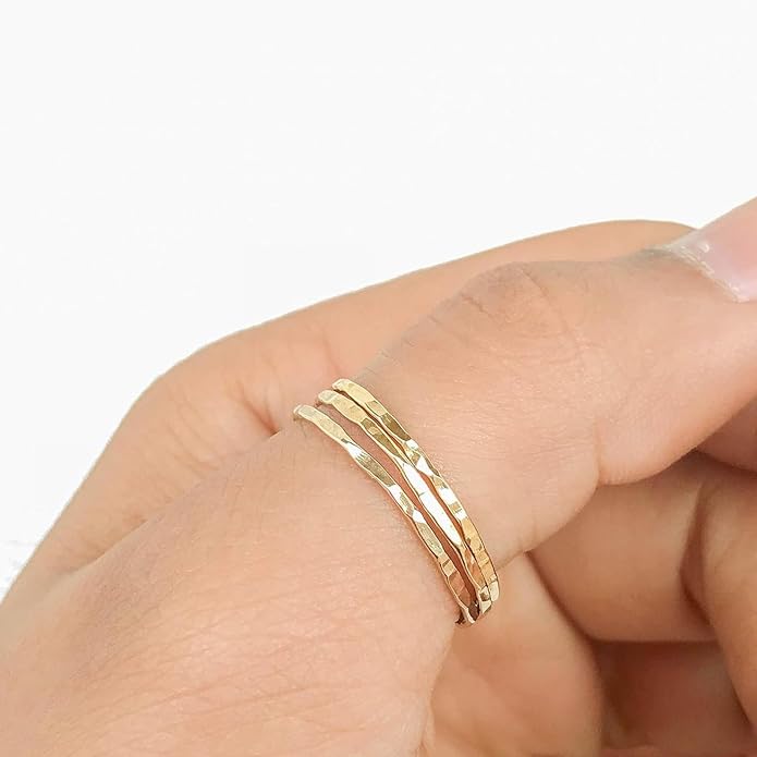Ellie J Maui Hammered Ring, 1mm Thin Stacking Rings, Minimalist Rings for Women, 14K Gold Filled Rings for Teen Girls Midi Knuckle Pinky Finger Jewerly (Size 3-11)