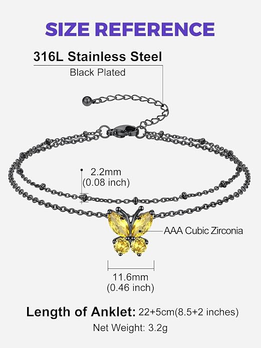 Richsteel Double Layer Heart/Butterfly Birthstone Anklet for Women Non Tarnish Waterproof, Silver/Gold/Black Stainless Steel 8.5-10.5 Inch Adjustable Chain Anklets Jewelry Gifts for Her
