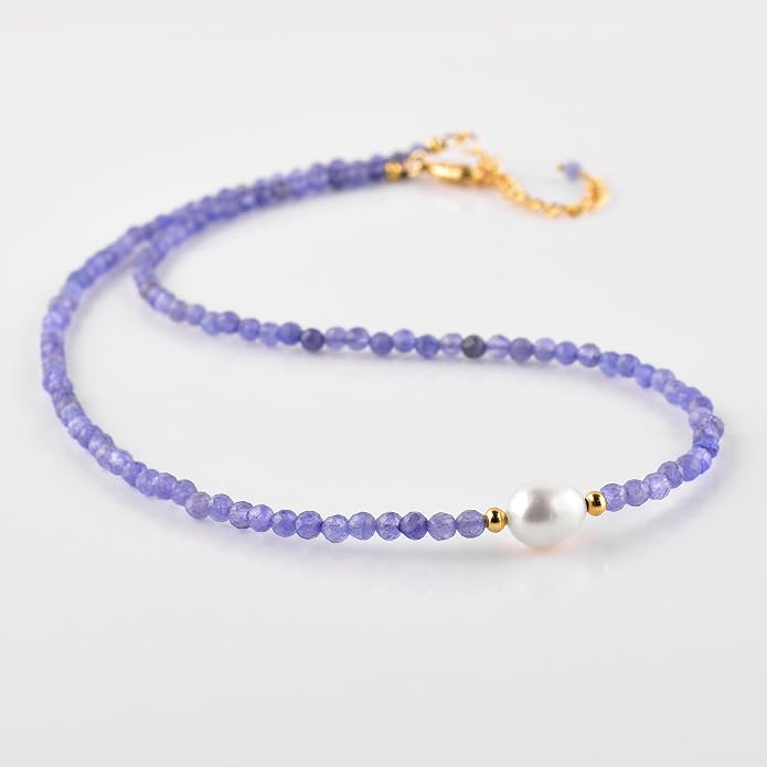 InfinityGemsArt Gemstone Gold Necklace For Women, Birthstone Natural Crystal Stone With Freshwater Pearl Beaded Jewelry, Gold Plated 18 Inch Chain