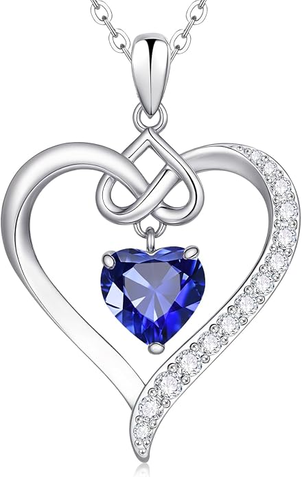 925 Sterling Silver Birthstone Heart Necklace for Women - Infinity Love Pendant with Cubic Zirconia, 12 Colors, Valentine's Day Gift for Her, 12 Months, Birthday Anniversary Christmas Jewelry Gifts