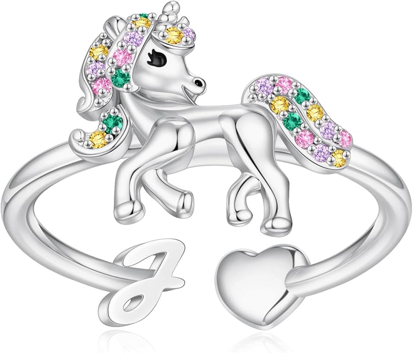 Unicorn Initial Rings for Teen Girls, Rose Gold/White Gold Plated Heart Initial Rings for Girls Adjustable Stackable Rings for Women Diny Heart Ring for Teen Girls Gifts Unicorns Gifts for Girls
