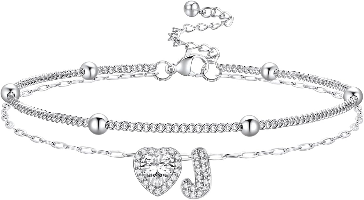 Bestyle Initial Anklet Bracelets for Women Waterproof Non Tarnish 14K Gold/White Gold Plated CZ Anklets for Women Dainty Layered Letter Heart Ankle Bracelets Adjustable Foot Chain Anklet
