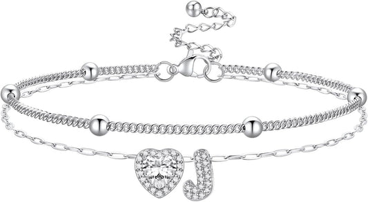 Bestyle Initial Anklet Bracelets for Women Waterproof Non Tarnish 14K Gold/White Gold Plated CZ Anklets for Women Dainty Layered Letter Heart Ankle Bracelets Adjustable Foot Chain Anklet