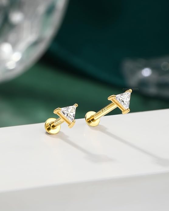 COCHARM 14K Real Gold Helix Cartilage Conch Earring, 16g Flat Back Triangle Tragus Piercing Jewelry, Solid Gold Lip Ring Stud, Yellow Gold Labret Jewelry