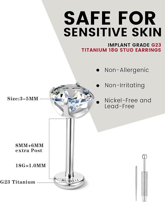 3Pairs Moissanite Earrings G23 Implant Grade Titanium Earrings for women Men, Flat Back Earrings Hypoallergenic Internal Thread Tragus lip nose Piercing Jewelry 18G 6/8MM Post with tool Round/Princess Cut Certified 3-5MM