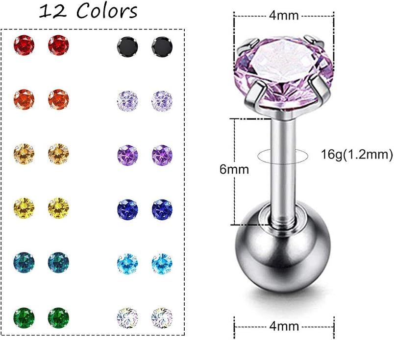 ZS 12 Pairs CZ Ear Stud Mixed Colors Cartilage Earrings Set Stainless Steel Barbell Studs Earrings Helix Tragus Piercing