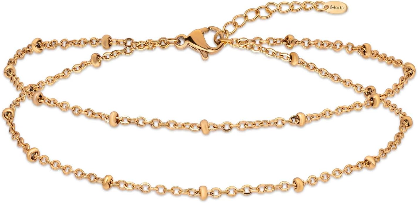 Amberta Silver Gold Waterproof Ankle Bracelets for Women | Boho Layered Anklets for Women | Summer Jewelry, Adjustable Ankle Chain Beaded Rope Heart