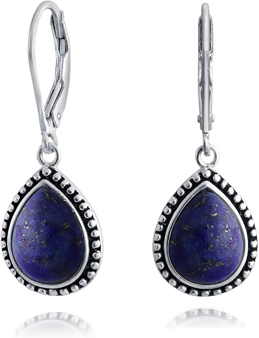 Bling Jewelry Boho Western Style Milgrain Setting Semi Precious Gemstones Lapis Turquoise Jade Onyx Quartz Pear Shaped Teardrop Lever Back Dangle Drop Earrings Teen Oxidized .925 Sterling Silver