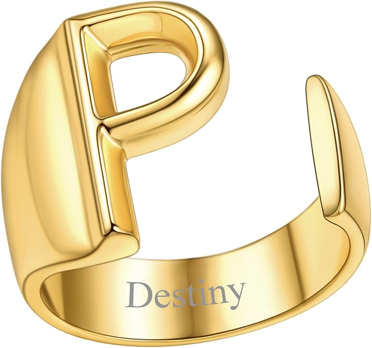 FindChic Customizable Initial Ring Statement 18K Gold Plated Fashion Cuff Rings for Women Alphabet Letter A to Z Resizable Knuckle Ring (with Gift Box)