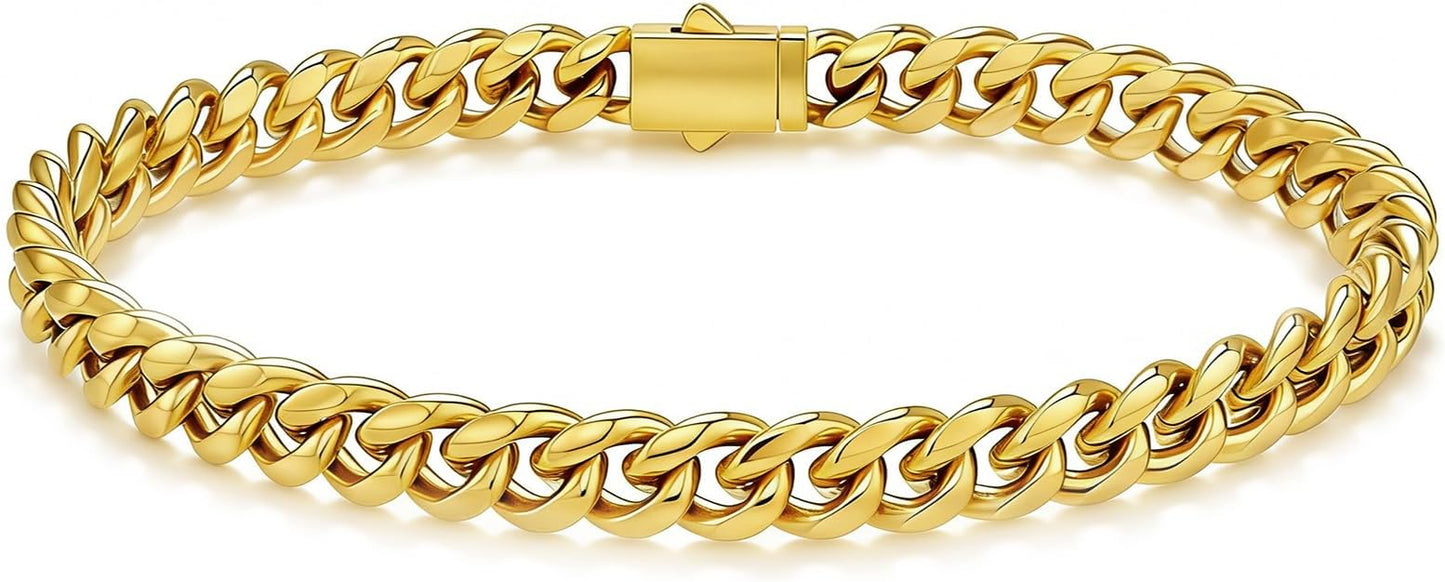 Saintda 8mm Miami Cuban Link Bracelet for Men - 18K Real Gold Plated 316L Stainless Steel Chain - Non-Tarnish Hypoallergenic Curb Link Bracelet Jewelry Gift for Him, 7/8/9 Inch