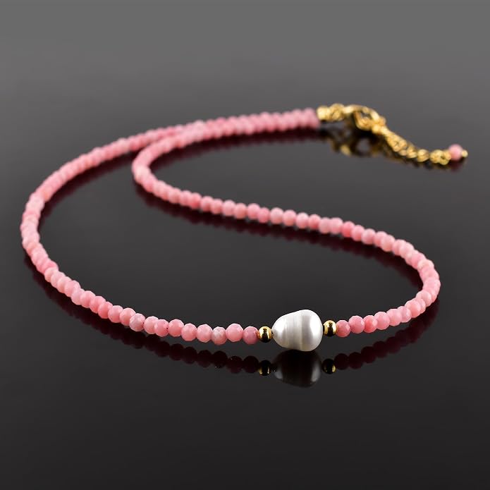 InfinityGemsArt Gemstone Gold Necklace For Women, Birthstone Natural Crystal Stone With Freshwater Pearl Beaded Jewelry, Gold Plated 18 Inch Chain