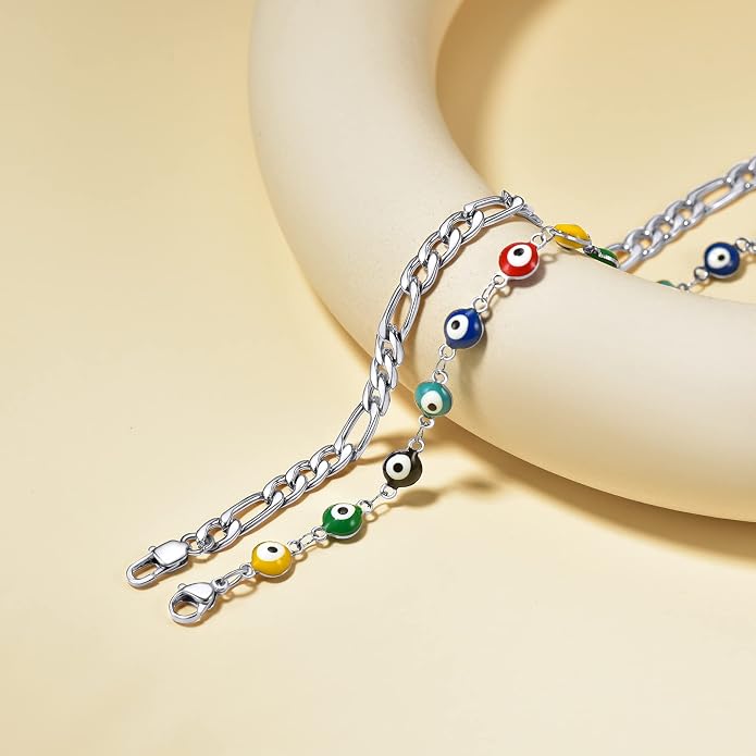 Supcare Evil Eye Anklets for Women,Cuban/Figaro/Mariner/Snake Chain Layered Ankle Bracelet Gifts (with Gift Packing)