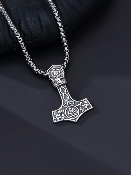 Viking Necklace Triple Horn of Odin/Wolf/Thor Hammer Necklace Viking Pendant Norse Jewelry Gifts for Man