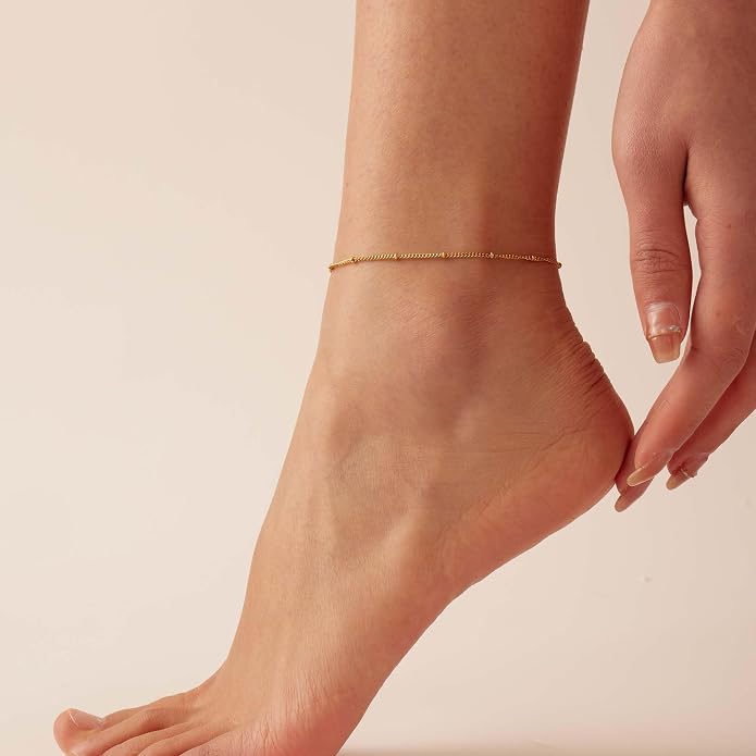 Dainty Ankle Bracelets for Women 18K Gold Plated Satellite Beaded Herringbone Lip Chain Anklets Simple Minimalist Summer Beach Foot Jewelry Christmas Gifts