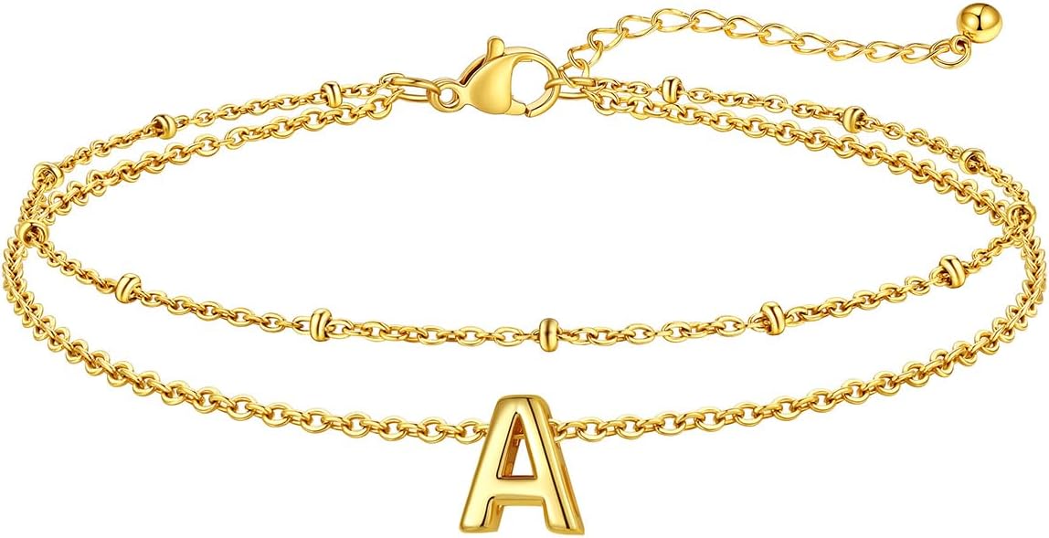 FaithHeart Initial Ankle Bracelets for Women, Waterproof 14k Gold Plated Initial Anklets Non Tarnish Stainless Steel Cute Layered Anklet Summer Beach Jewelry