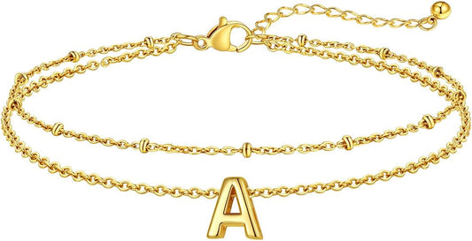 FaithHeart Initial Ankle Bracelets for Women, Waterproof 14k Gold Plated Initial Anklets Non Tarnish Stainless Steel Cute Layered Anklet Summer Beach Jewelry