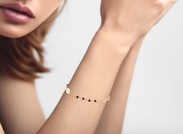 Miabella 18K Gold Plated 925 Sterling Silver Italian Natural Black Spinel Rosary Cross Charm Bead Bracelet for Women, Adjustable Link Chain, Bracelet made in Italy