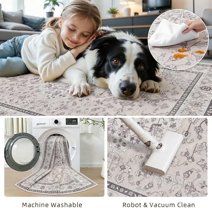 10x12 Area Rug for Living Room: Vintage Boho Neutral Washable Rug Indoor Soft Large Area Rug Carpet for Bedroom Nursery Farmhouse Dining Room Office Floor Non-Slip Low Pile Under Table Beige & Grey