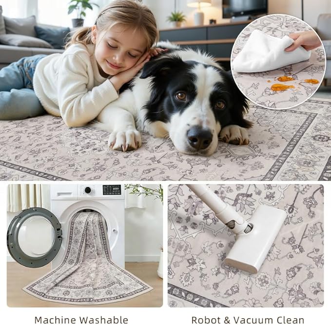 Area Rugs 9x12 Living Room: Vintage Boho Neutral Washable Rug Indoor Soft Large Area Rug Carpet for Bedroom Nursery Farmhouse Dining Room Office Floor Non-Slip Low Pile Under Table Beige & Grey
