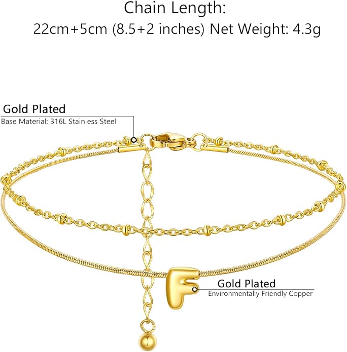ChainsProMax Initial Ankle Bracelets for Women, Waterproof Anklets Bracelet Adjustable Summer Beach Women Foot Jewelry, Stainless Steel/Gold Plated-Send Gift Box/Letter A-Z