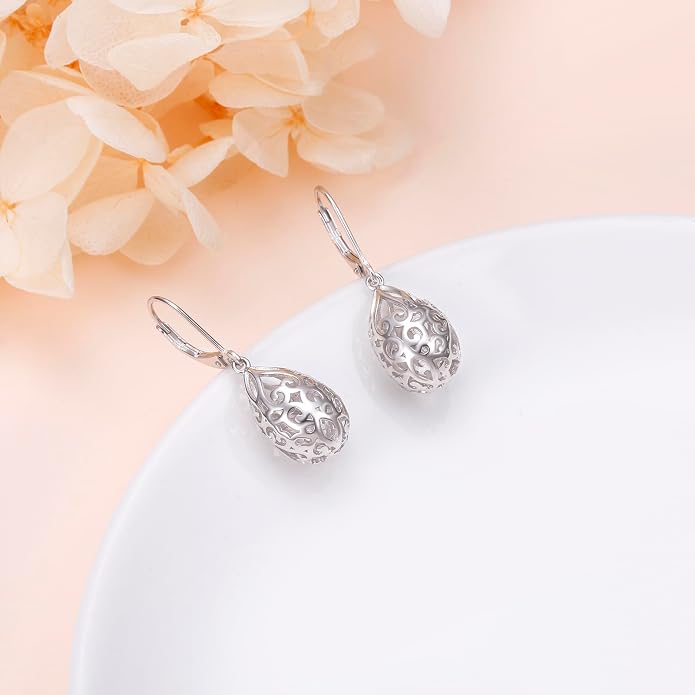 Alphm Filigree Dangle Drop Earrings 925 Sterling Silver Filigree Leverback Teardrop Earrings French Style Lightweight Hypoallergenic Jewelry Gifts for Women