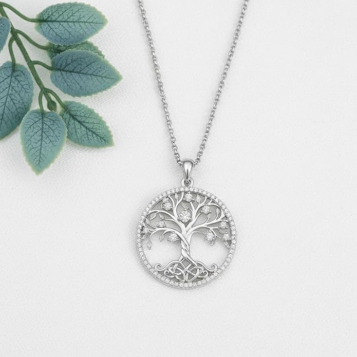ONEFINITY Tree of Life Necklace 18k White Gold Plated Tree of Life Birthstone Pendant Necklace Birthstone Jewelry Anniversary Birthday Gifts for Women Men